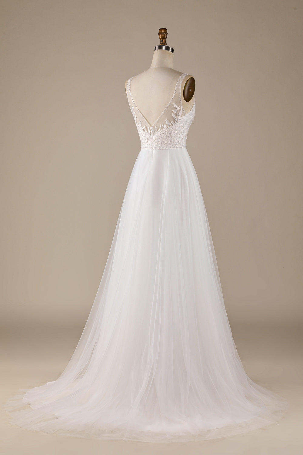 Ivory A Line V-Neck Tulle Sweep Train Wedding Dress with Lace Open Back