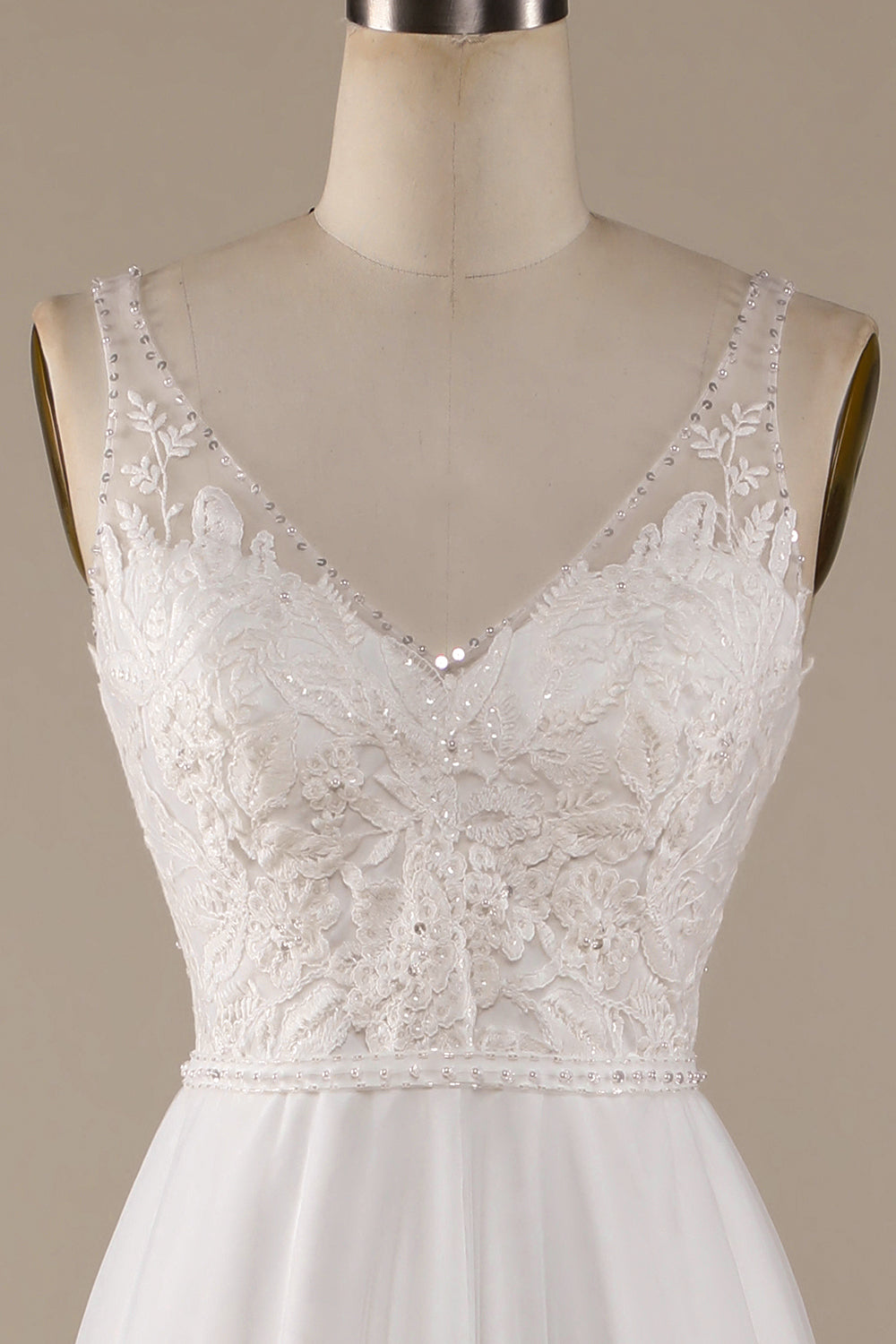 Ivory A Line V-Neck Tulle Sweep Train Wedding Dress with Lace Open Back