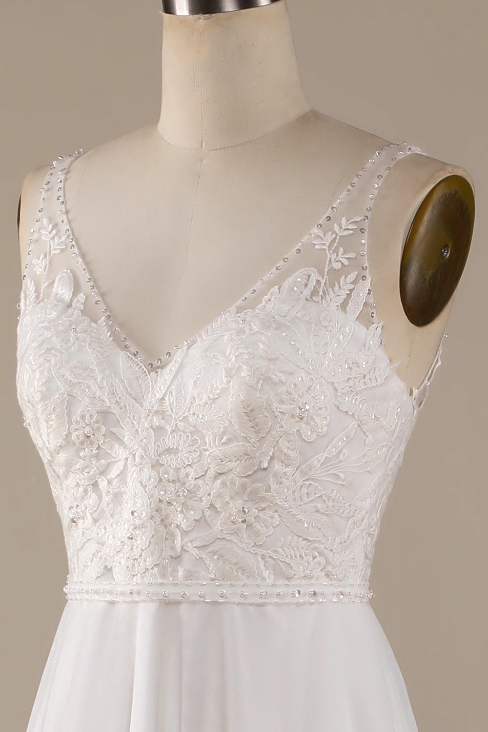 Ivory A Line V-Neck Tulle Sweep Train Wedding Dress with Lace Open Back
