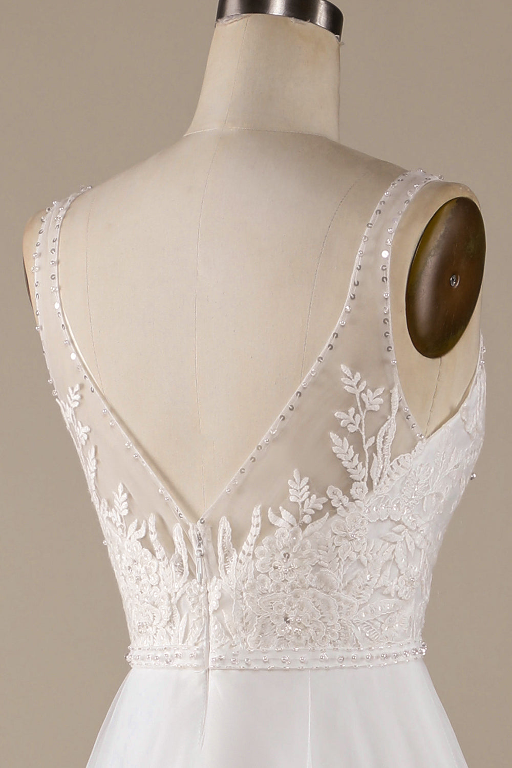 Ivory A Line V-Neck Tulle Sweep Train Wedding Dress with Lace Open Back