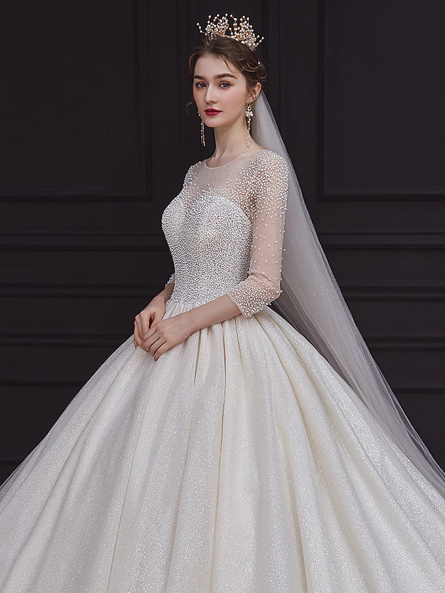 Princess Ball Gown Wedding Dresses Jewel Neck Chapel Train Lace Tulle Sequined Long Sleeve Formal Romantic Luxurious Sparkle & Shine