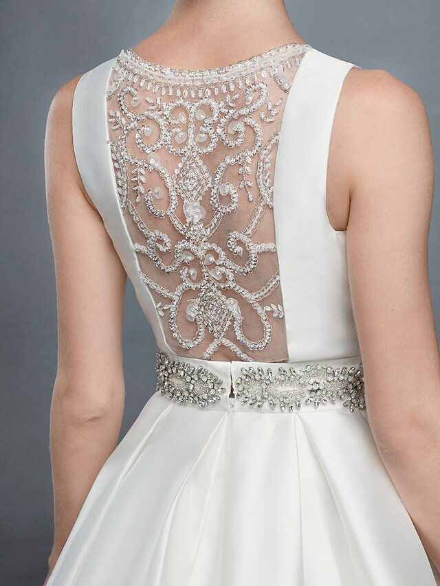 Ball Gown Wedding Dresses Bateau Neck Court Train Lace Satin Regular Straps Formal Backless with Lace Sash Ribbon