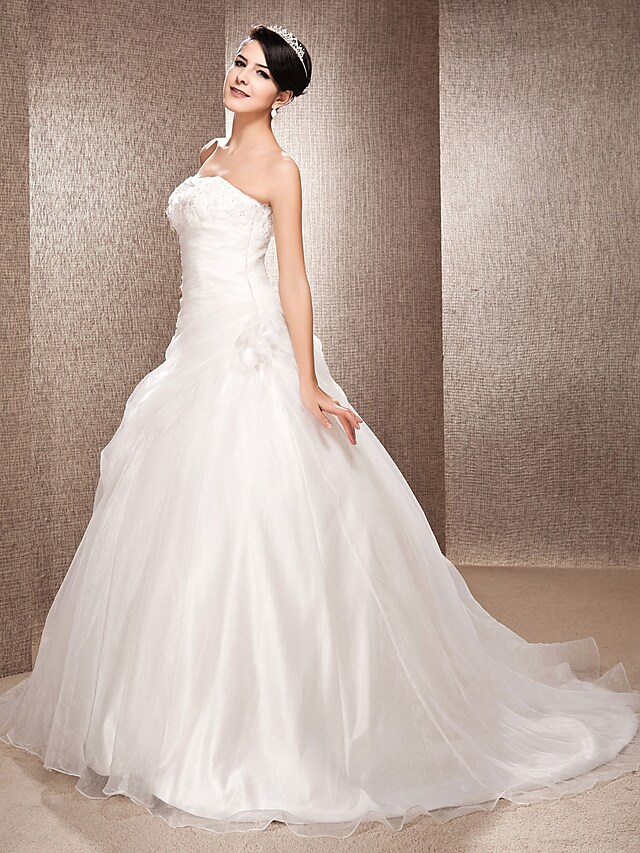 Ball Gown A-Line Wedding Dresses Strapless Court Train Organza Sleeveless Off Shoulder