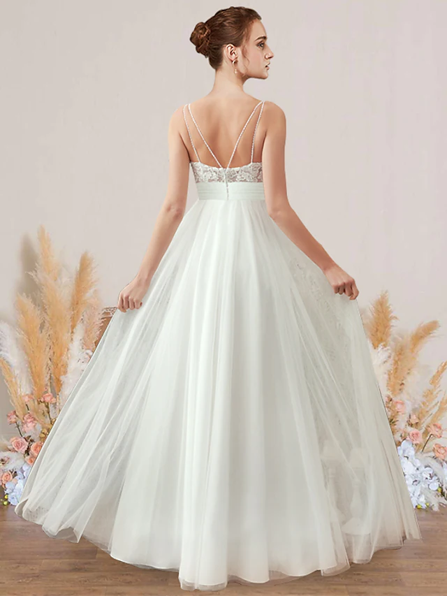 A-Line Wedding Dresses V Neck Spaghetti Strap Floor Length Chiffon Lace Sleeveless Romantic Sexy with Pleats