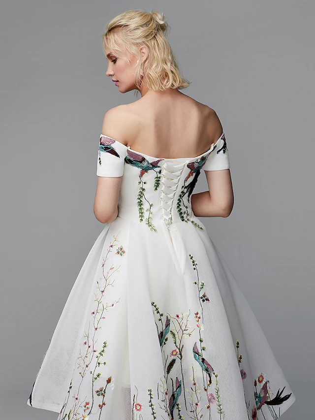 Ball Gown Elegant Floral High Low Cocktail Party Prom Valentine's Day Dress Off Shoulder Short Sleeve Asymmetrical Polyester