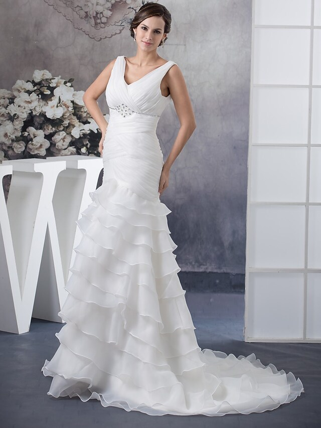 Wedding Dresses V Neck Chapel Train Organza Regular Straps with Ruched Beading Cascading