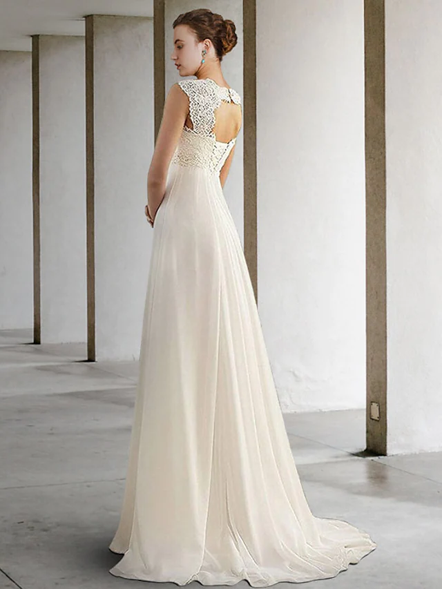 Wedding Dresses Scoop Neck Chiffon Lace Sleeveless Simple Sexy with Pleats