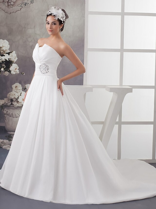 A-Line Wedding Dresses Strapless Chapel Train Satin Strapless with Ruched Beading