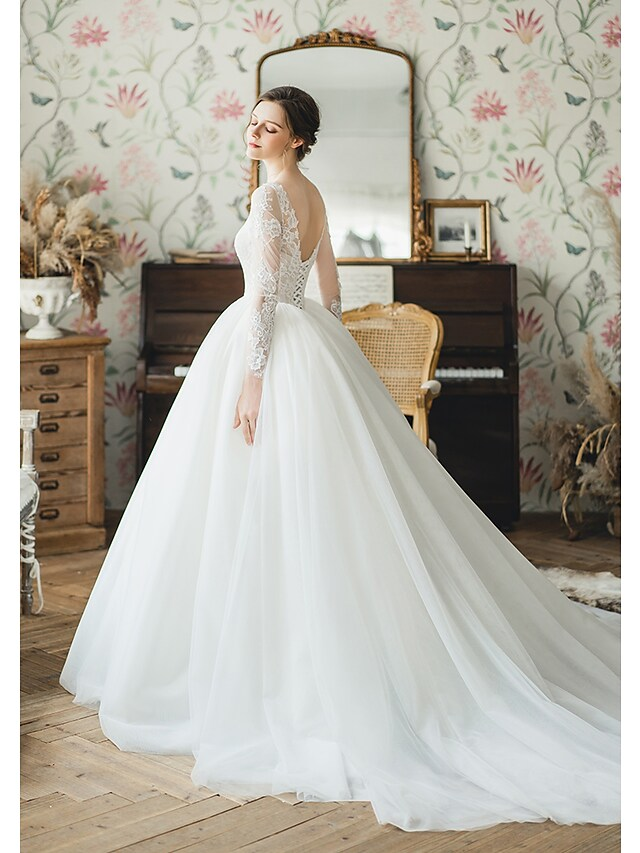 Ball Gown Wedding Dresses V Neck Chapel Train Tulle Long Sleeve Formal with Pleats