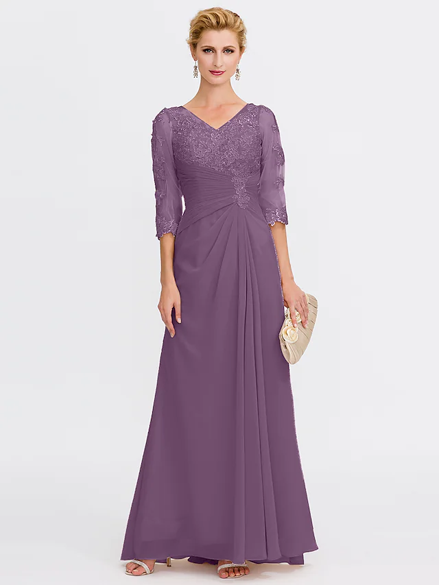 Mother of the Bride Dress Elegant See Through V Neck Floor Length Chiffon Sheer Lace Half Sleeve
