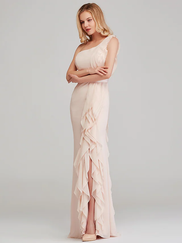 Pearl Pink Shoulder Long Length Chiffon Bridesmaid Dress with Cascading Ruffles
