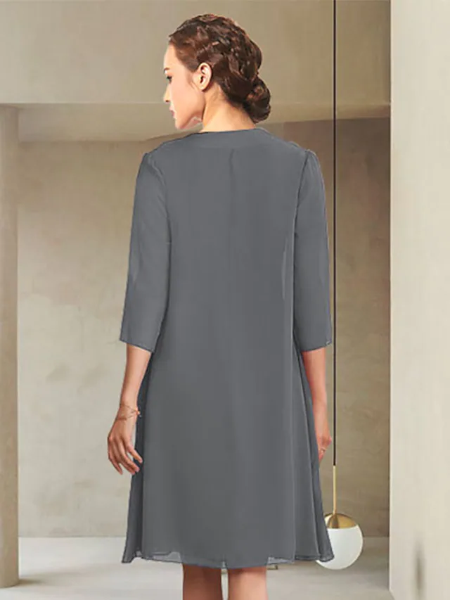 Mother of the Bride Dress Elegant Jewel Neck Knee Length Chiffon Length Sleeve with Ruching Pure Color