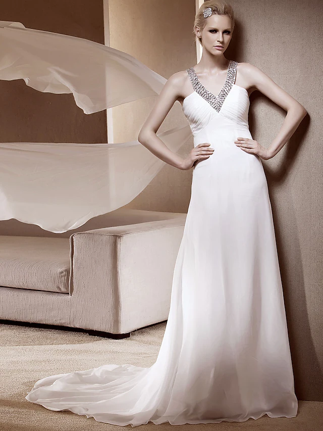 Princess A-Line Wedding Dresses V Neck Court Train Chiffon Sleeveless Sparkle & Shine