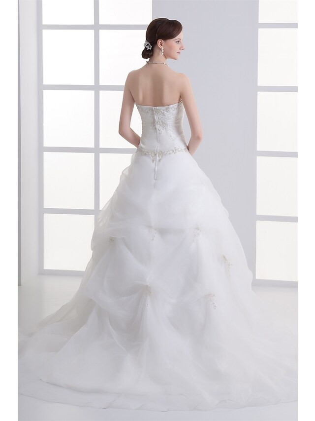 A-Line Wedding Dresses Strapless Court Train Organza Satin Strapless with Pick Up Skirt Ruched
