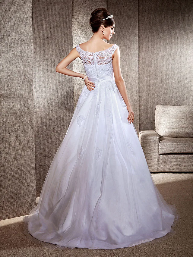 Ball Gown A-Line Wedding Dresses Scoop Neck Lace Tulle Sleeveless Beautiful