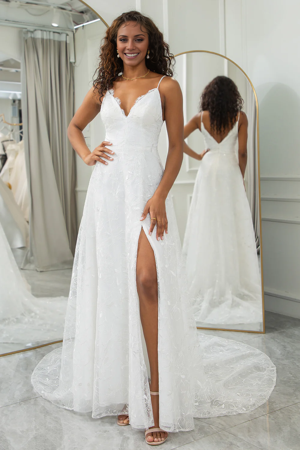 Ivory A-Line Sweep Train Lace Wedding Dress with Slit V-neck Sexy