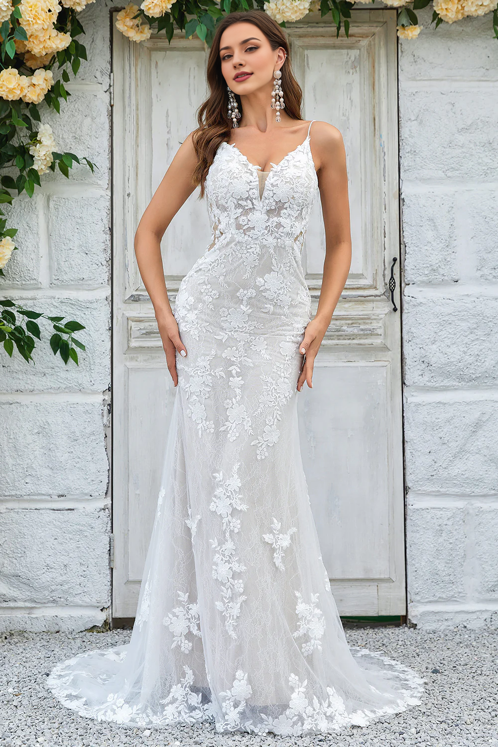 Ivory Mermaid Lace Long Wedding Dress V-neck Sexy
