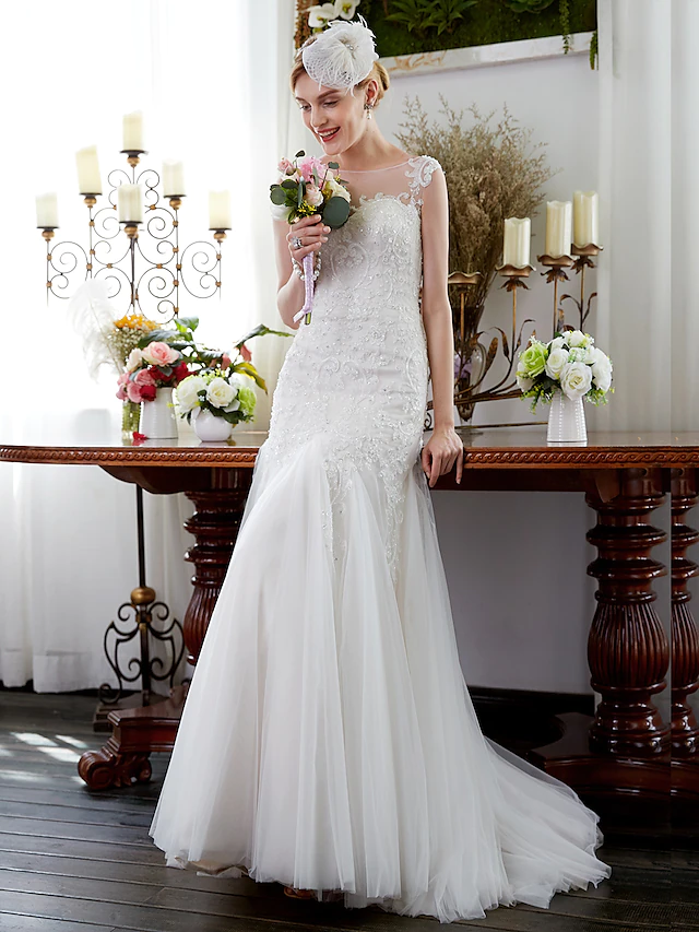 Wedding Dresses Illusion Neck Court Train Tulle Sleeveless Sparkle & Shine with Beading