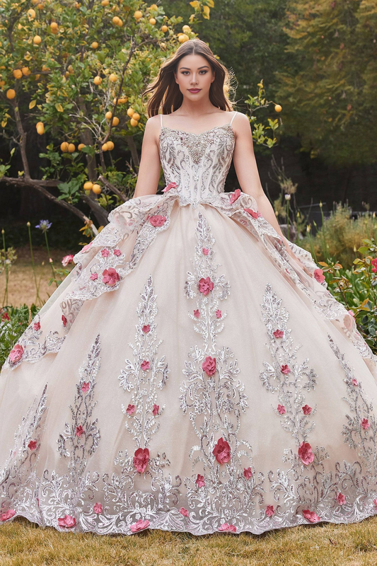 Corset Style Champagne Lace Quinceanera Ball Gown Quinceanera Dress With Flowers