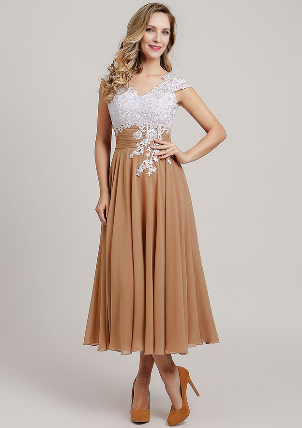 Chiffon Mother of the Bride Dress A-linePrincess V Neck Short Sleeve Tea-Length With Lace Short