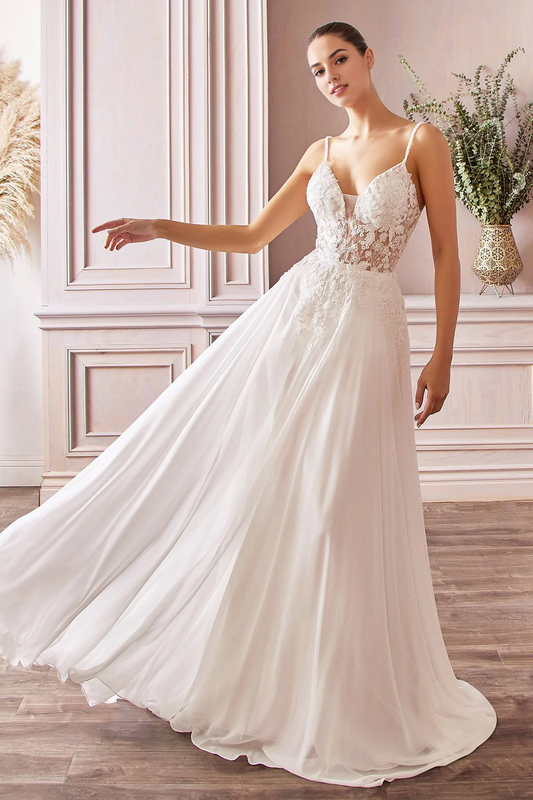 Elegant Wedding Gown with Sheer Bodice and Long Flowy Skirt Wedding Dresses