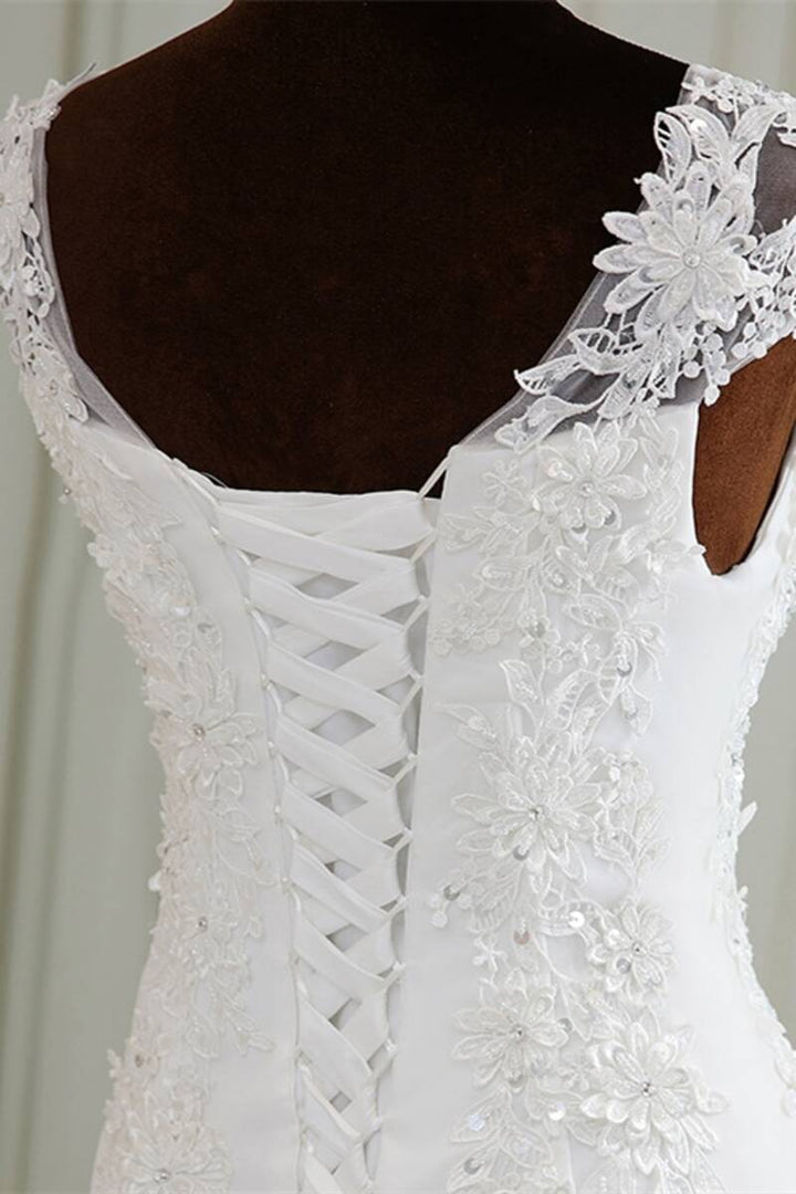 Elegant White Beaded Embroidered Cap Sleeve Trumpet Wedding Dress Long