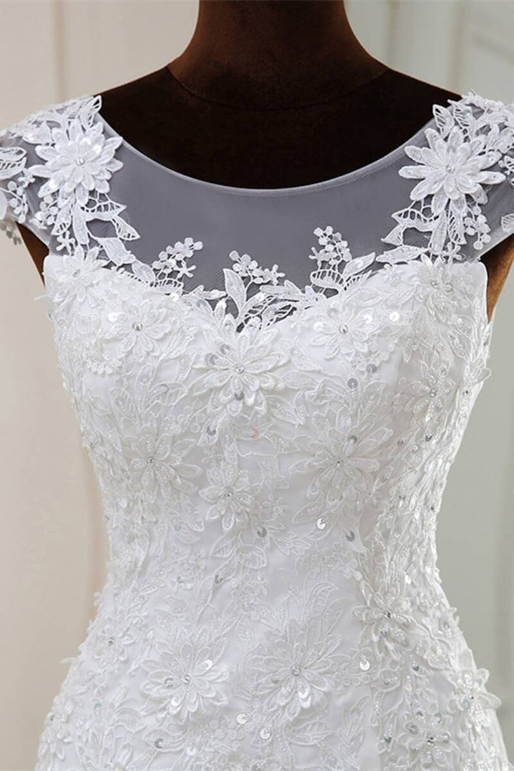 Elegant White Beaded Embroidered Cap Sleeve Trumpet Wedding Dress Long