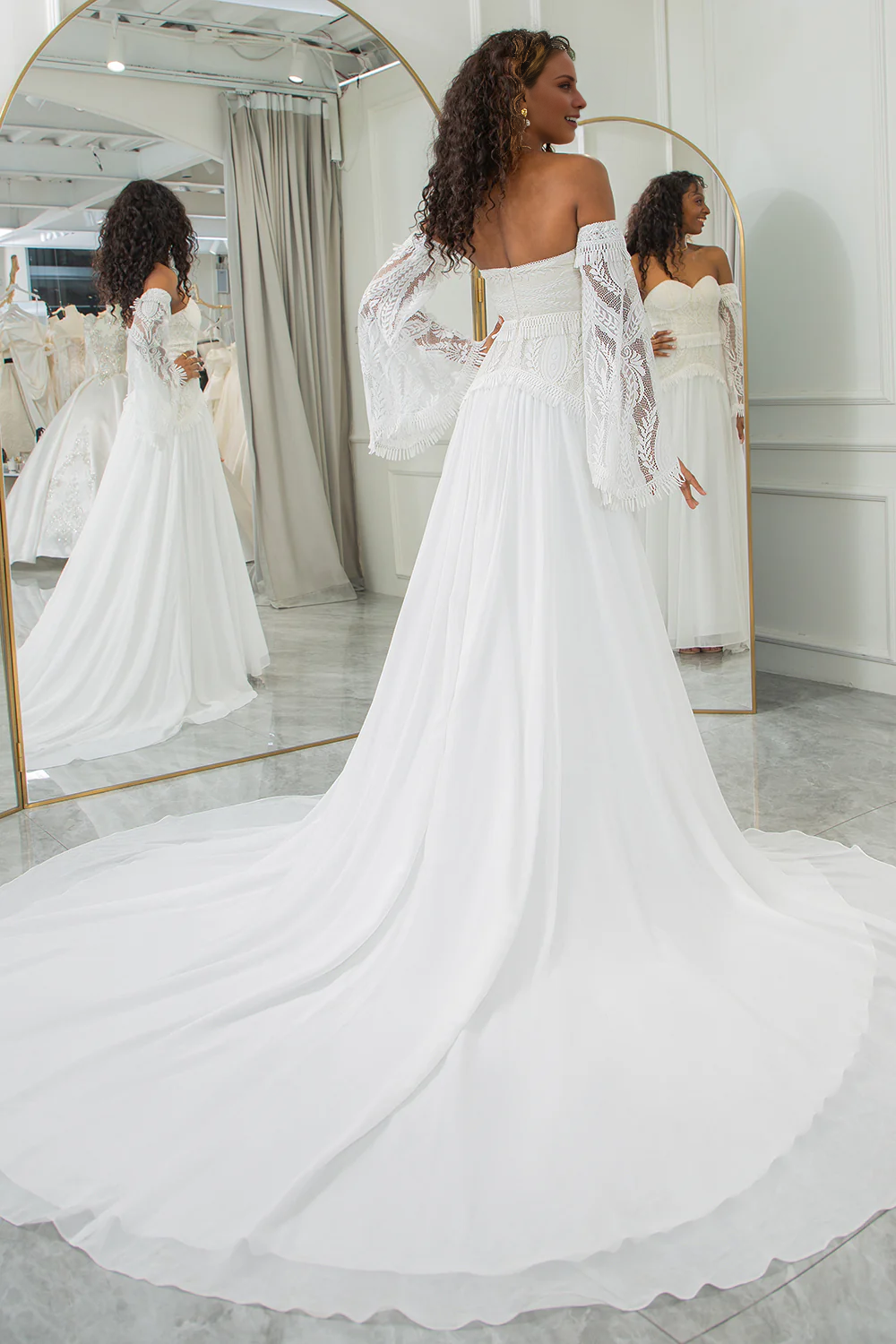 Ivory Sweetheart Detachable Flare Sleeves Boho Wedding Dress Off Shoulder