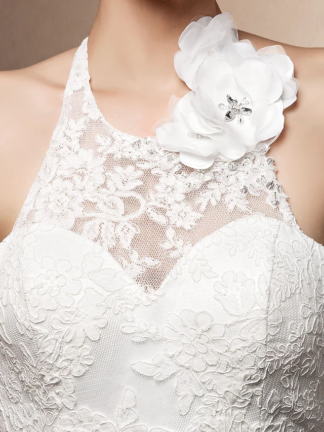 Wedding Dresses Halter Neck Lace Regular Straps Open Back with Beading Flower