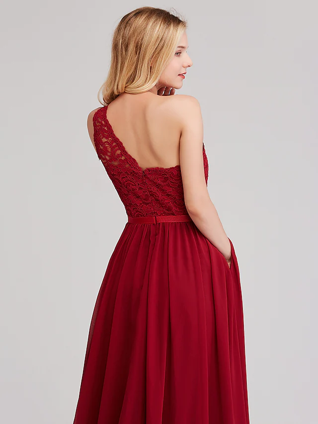 A-Line One Shoulder Long Length Chiffon Lace Bridesmaid Dress with Sash Ribbon Sexy