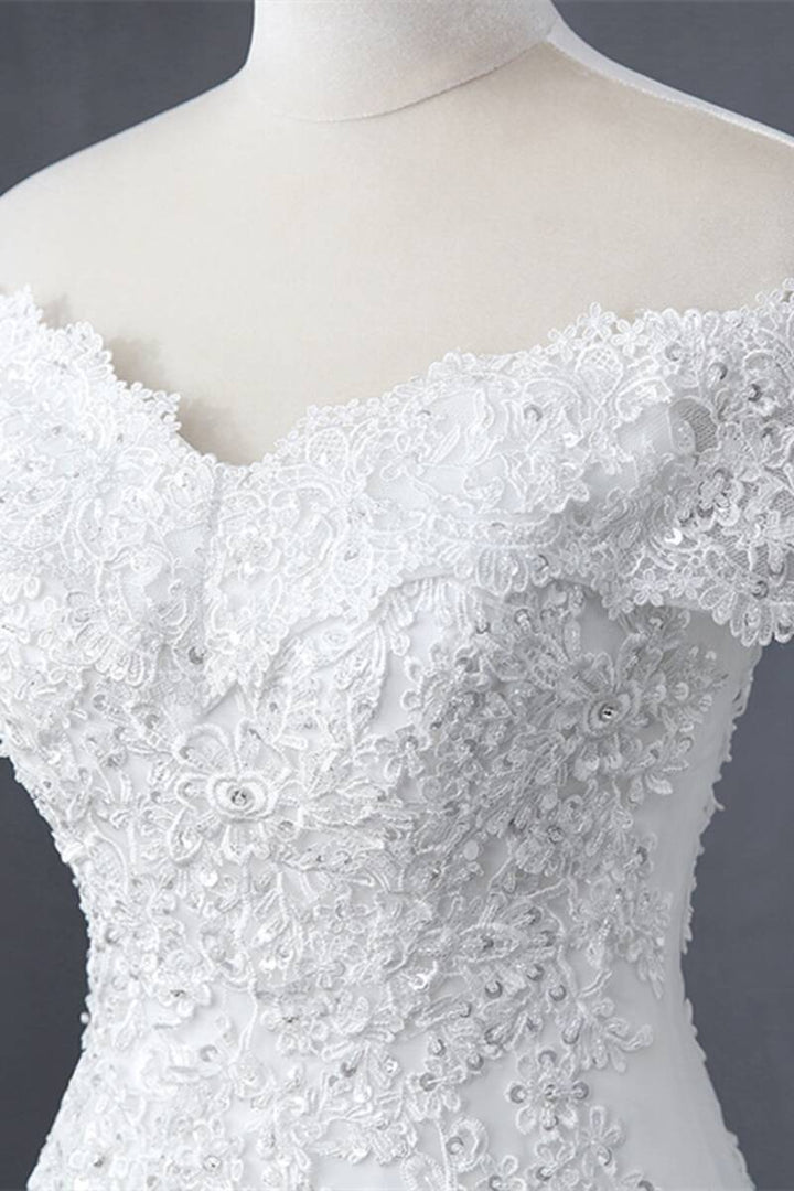 White Floral Lace Off-the-Shoulder Trumpet Wedding Dress Long