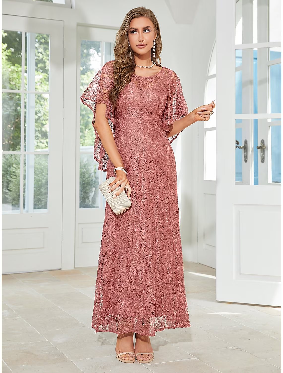 A-Line Wedding Guest Dresses Elegant Dress Party Wear Ankle Length Half Sleeve Jewel Neck Lace with Ruffles