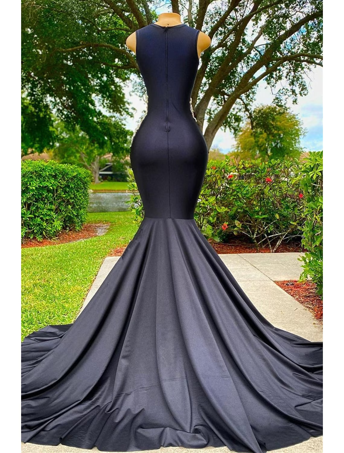 Mermaid / Trumpet Evening Gown Floral Dress Formal Court Train Sleeveless Jewel Neck African American Satin