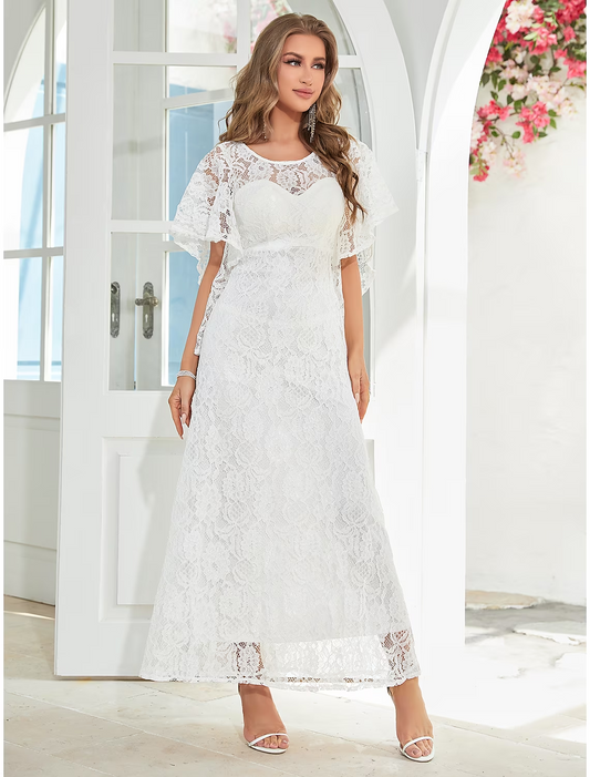 A-Line Wedding Guest Dresses Elegant Dress Party Wear Ankle Length Half Sleeve Jewel Neck Lace with Ruffles