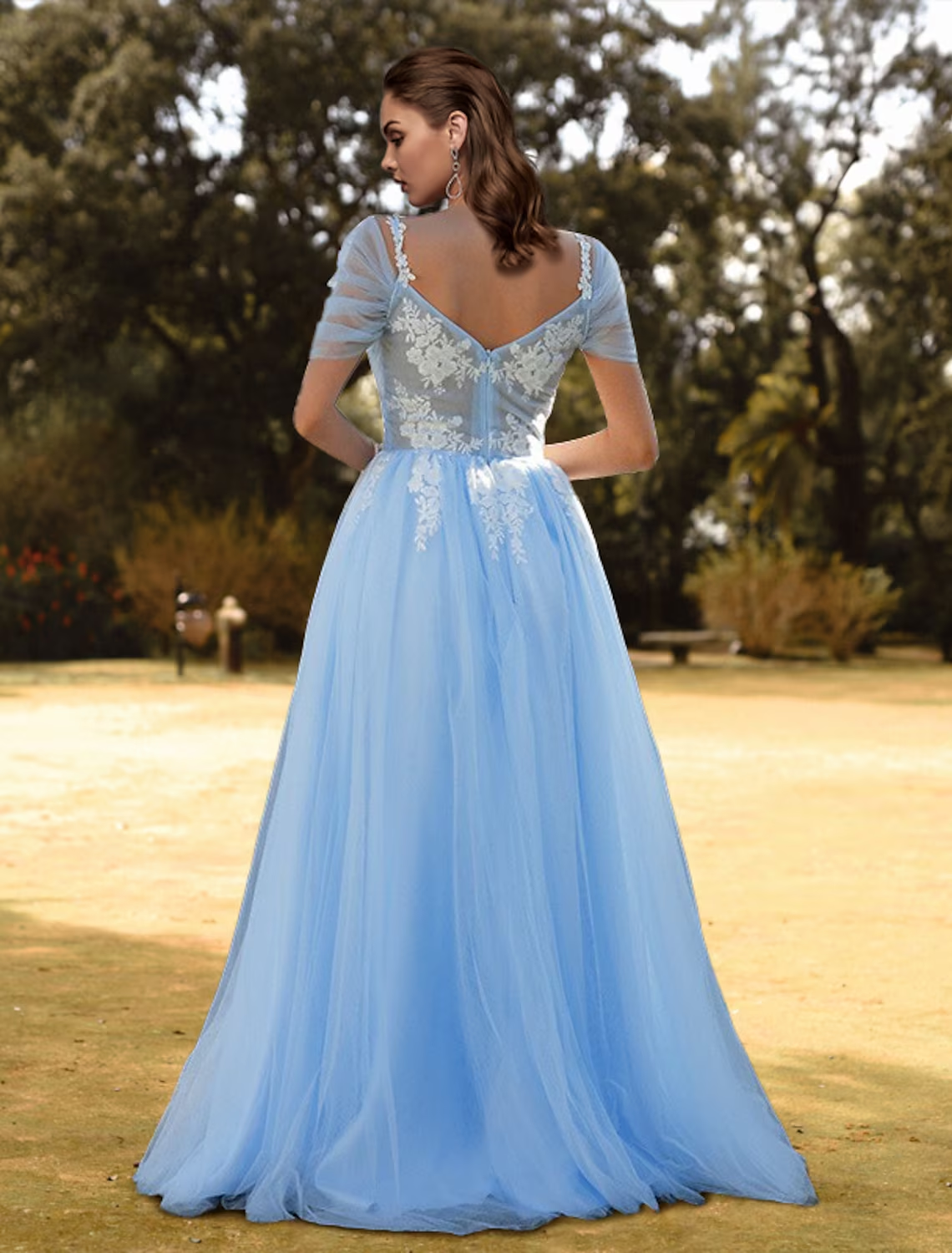 A-Line Prom Dresses Floral Dress Wedding Guest Sweep / Brush Train Short Sleeve V Neck Tulle with Slit