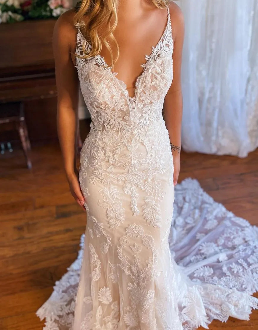 Mermaid Spaghetti Straps Back Wedding Dress V-neck Sexy Long