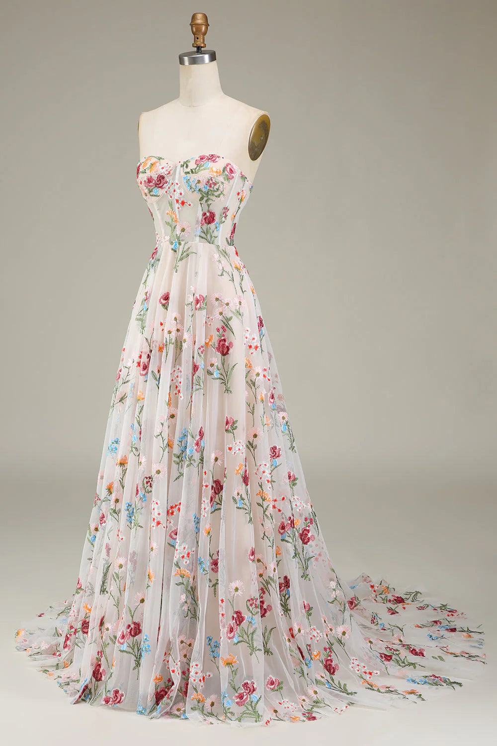 Tulle Train Long Wedding Dress with Embroidery With Flower