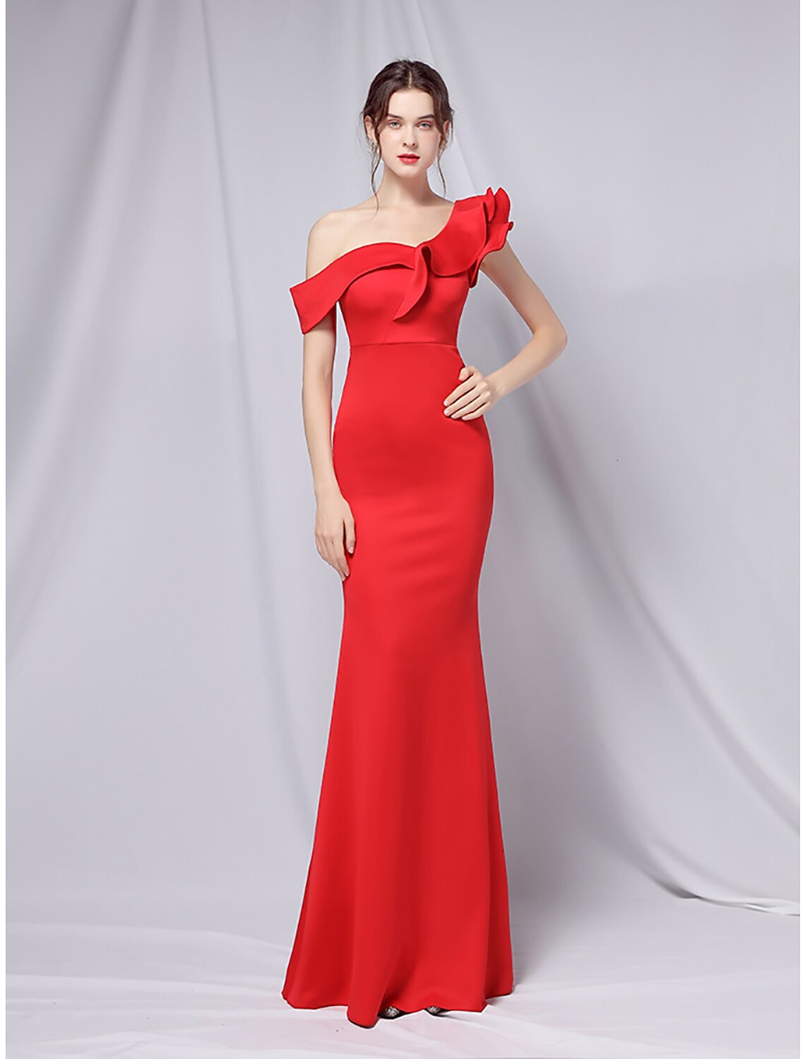 Mermaid / Trumpet Evening Gown Empire Dress Wedding Guest Floor Length Short Sleeve One Shoulder Stretch Satin