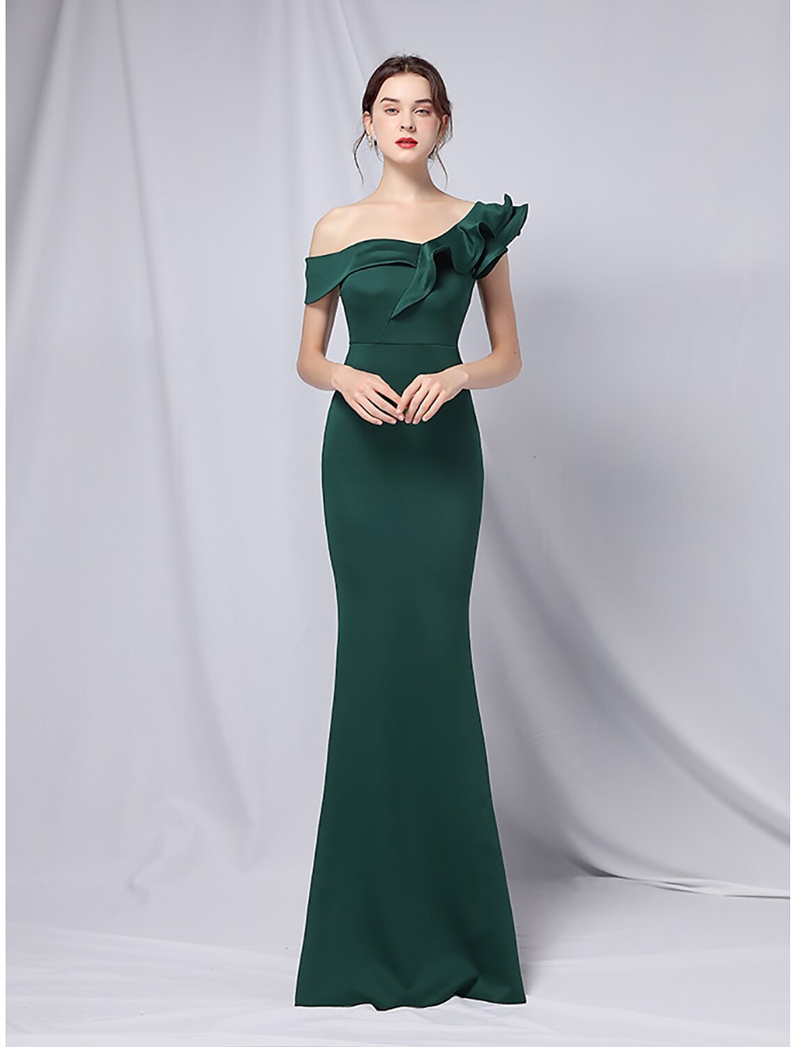 Mermaid / Trumpet Evening Gown Empire Dress Wedding Guest Floor Length Short Sleeve One Shoulder Stretch Satin