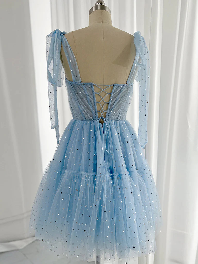 A-Line Sweetheart Neck Tulle Short Prom Dress Sparkly