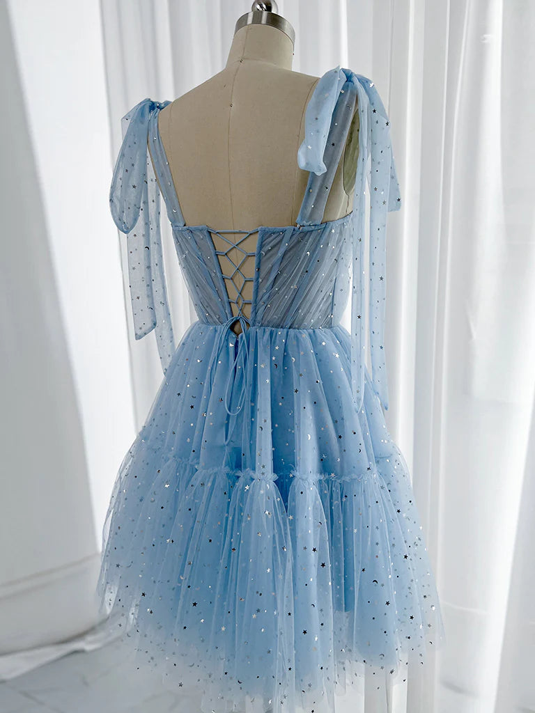 A-Line Sweetheart Neck Tulle Short Prom Dress Sparkly
