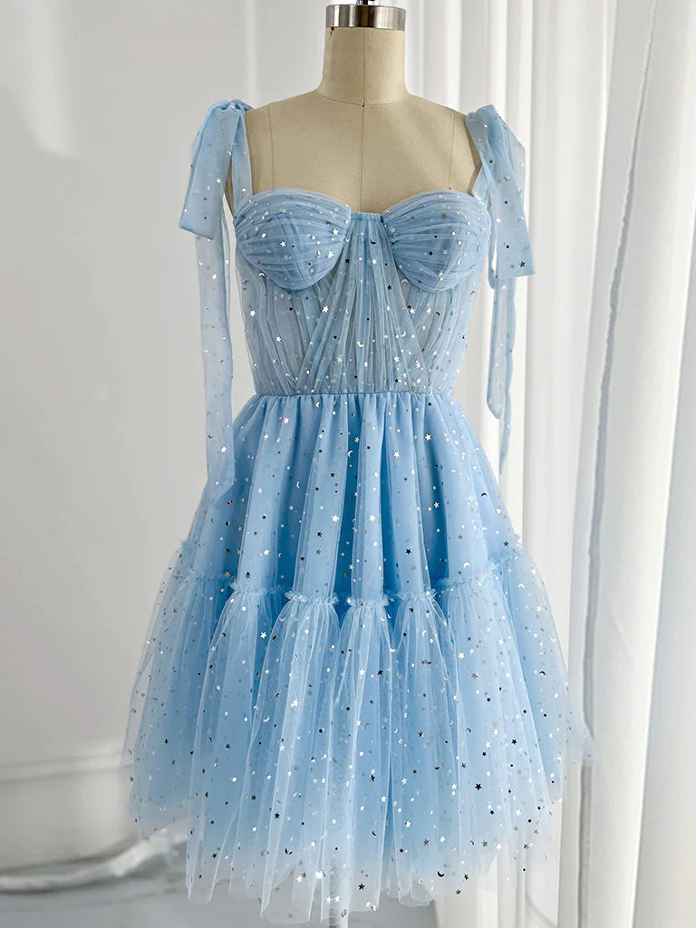 A-Line Sweetheart Neck Tulle Short Prom Dress Sparkly