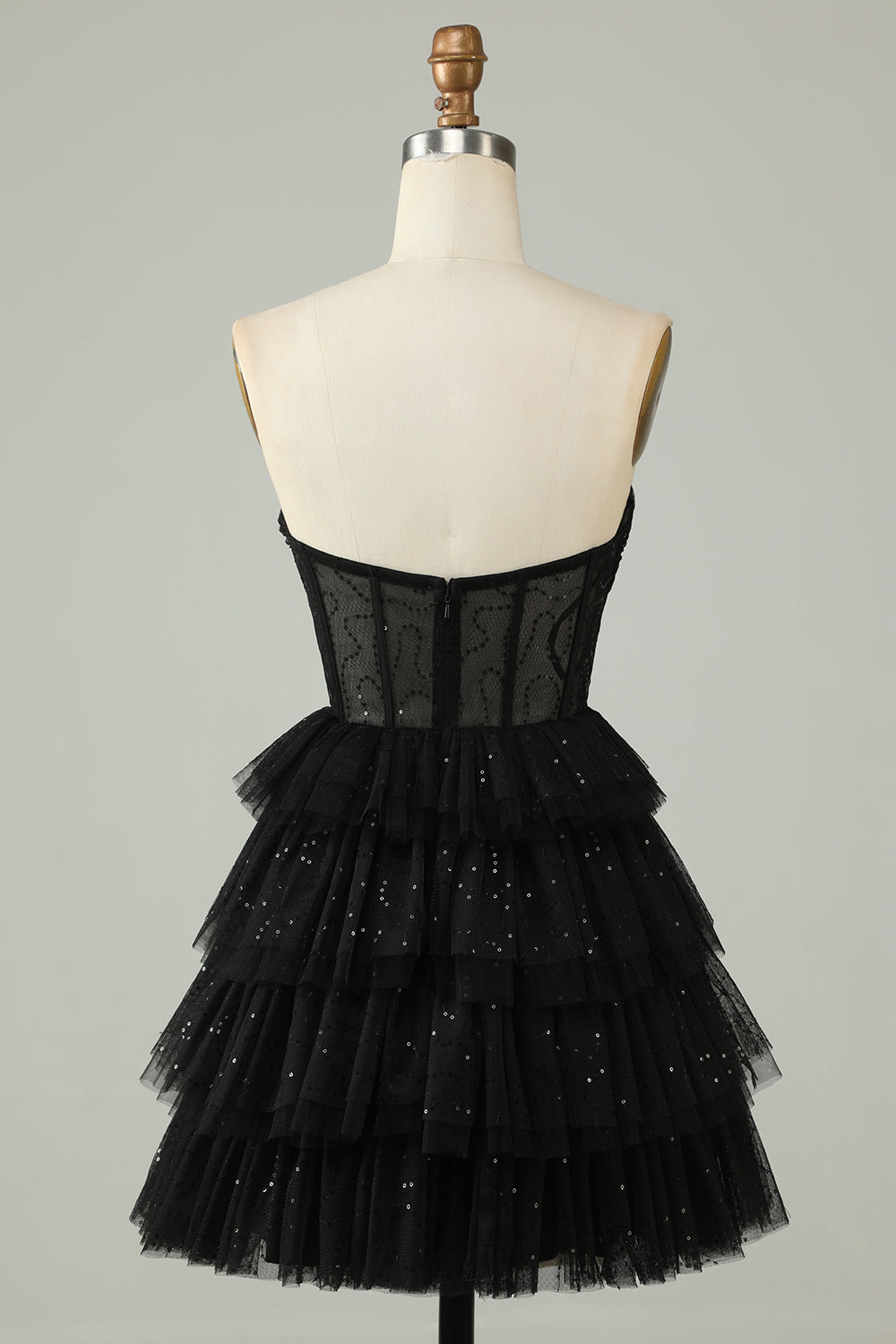 Black A Line Strapless Tiered Corset Homecoming Dress Off Shoulder