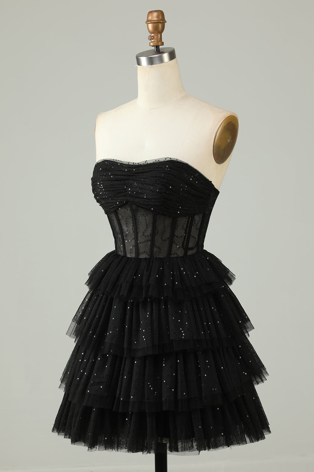 Black A Line Strapless Tiered Corset Homecoming Dress Off Shoulder
