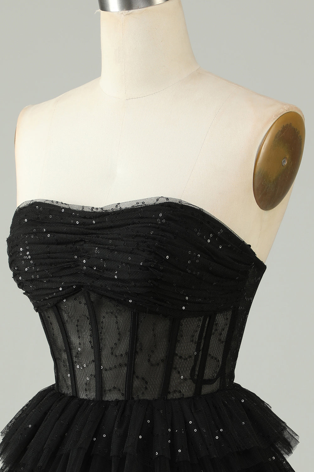 Black A Line Strapless Tiered Corset Homecoming Dress Off Shoulder