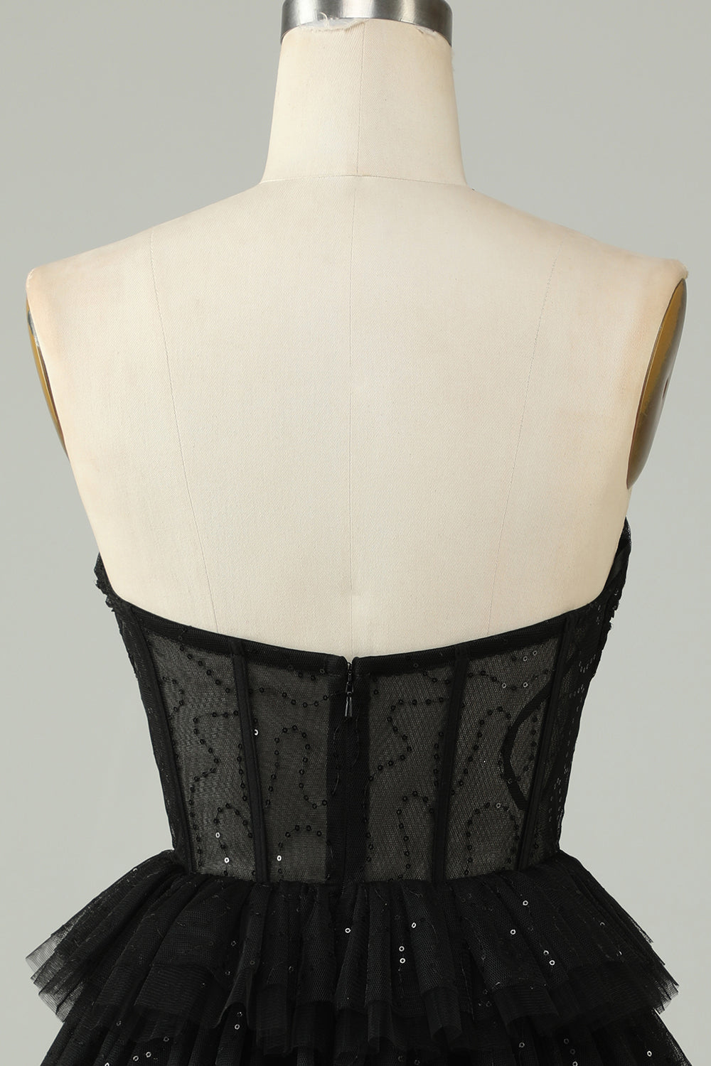 Black A Line Strapless Tiered Corset Homecoming Dress Off Shoulder