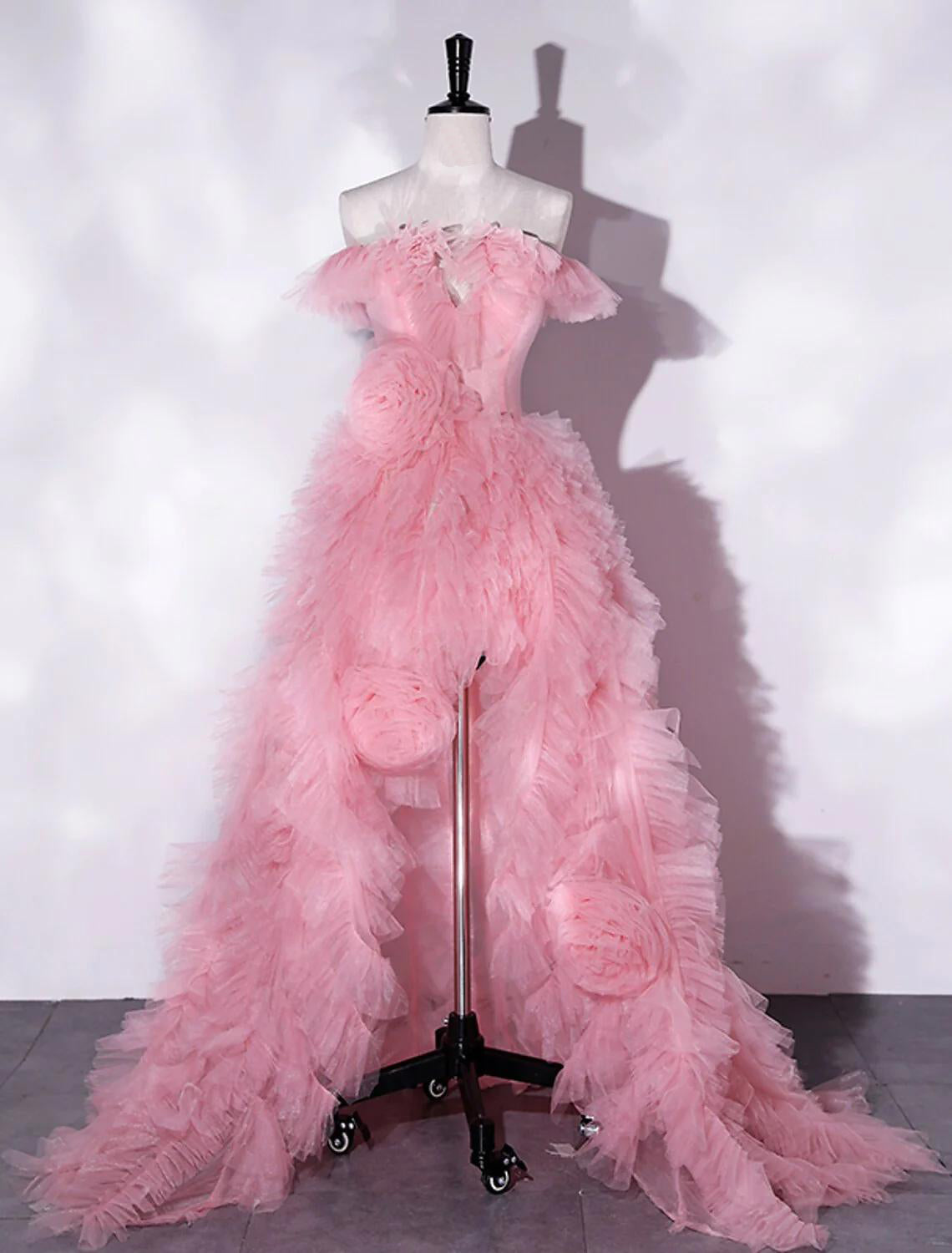 A-Line Prom Dresses Floral Dress Party Wear Asymmetrical Sleeveless Off Shoulder Tulle