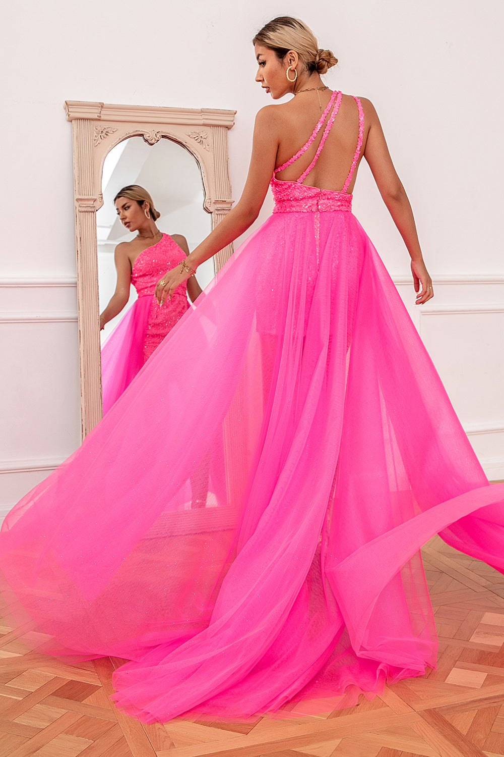 Hot Pink Detchable Train Prom Dress Sparkly Evening Dresses