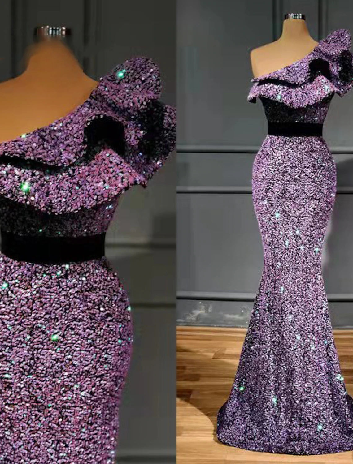 Mermaid / Trumpet Evening Gown Sparkle & Shine Dress Engagement Sweep / Brush Train Sleeveless One Shoulder Sequined with Sequin
