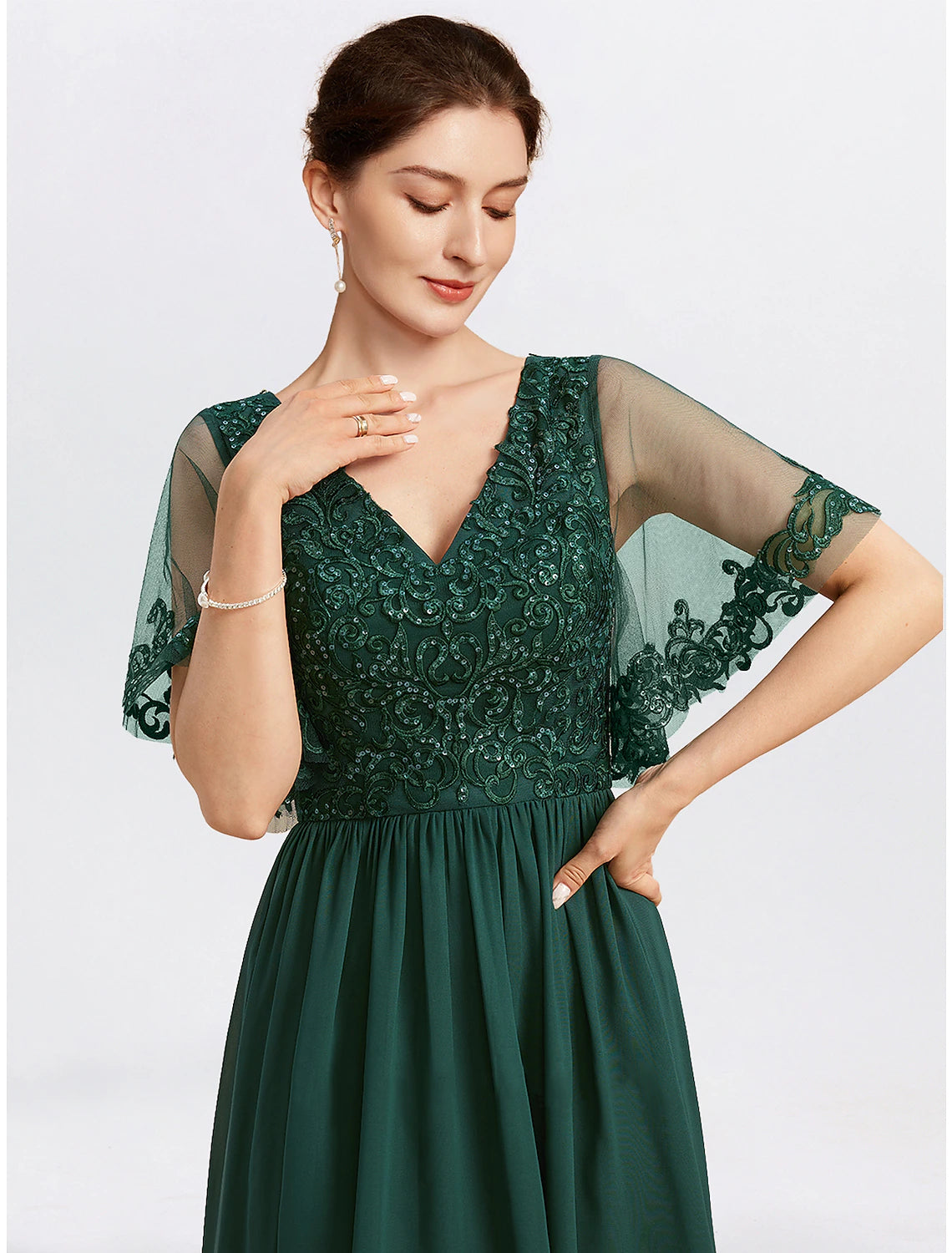 A-Line Mother of the Bride Dress Formal Wedding Guest Elegant Cape Dress V Neck Tea Length Chiffon Short Sleeve